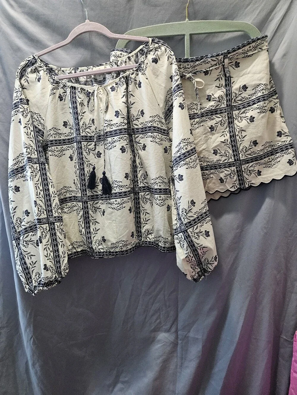 a new day Cream and Blue Printed Peasant Blouse With Matching Shorts